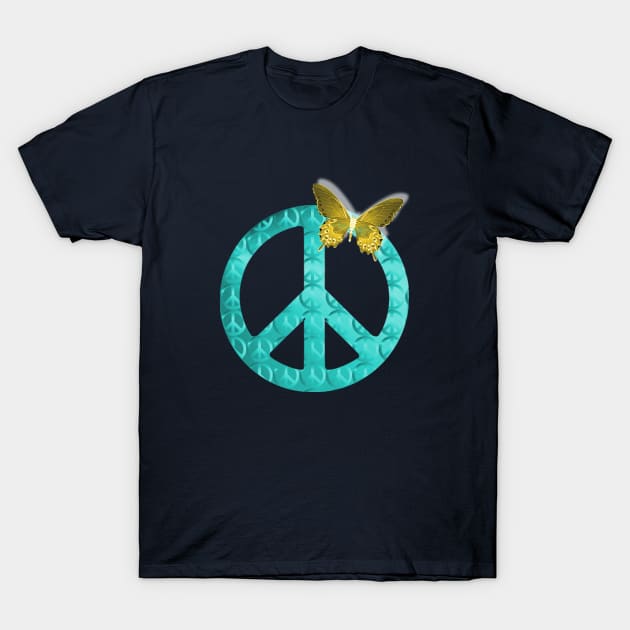 Pastel Blue Peace Sign with Butterfly T-Shirt by PlanetMonkey